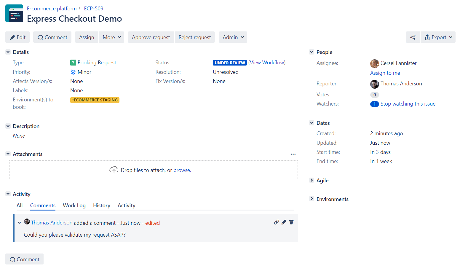 Environment Booking Request Details in jira