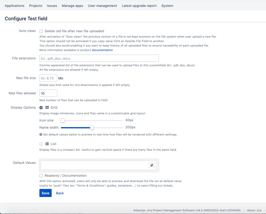 File Field for Jira configuration options